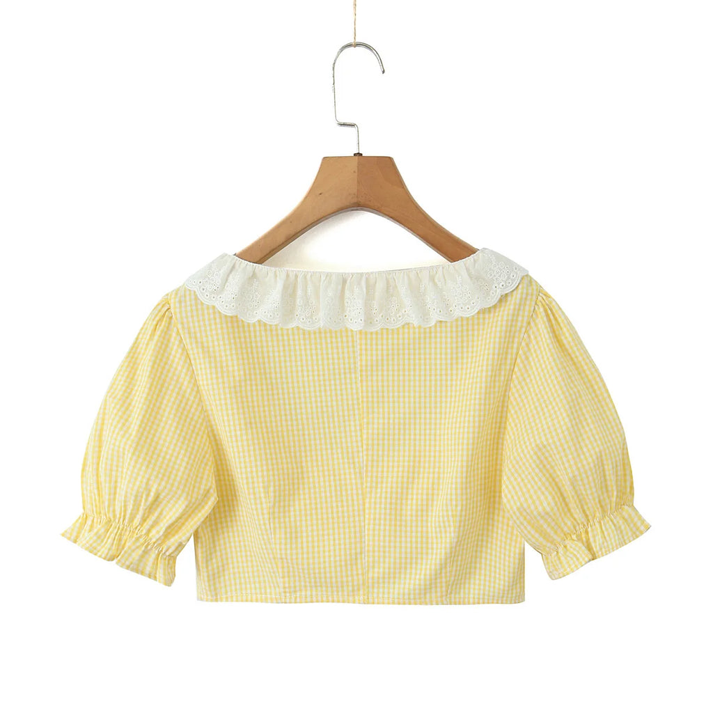Yellow Gingham Lace Top And Skirt Set Vintage
