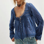 Dreamy Lace Patchwork Sheer Long Sleeve Blouse With Square Neck And Tie Front Crop Top