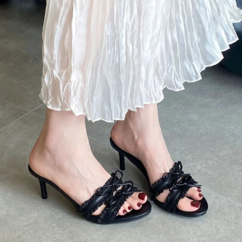 Butterfly Knot Heeled Slippers For Women Round Toe Slip On Sandals With Slim Heels