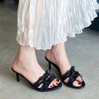 Butterfly Knot Heeled Slippers For Women Round Toe Slip On Sandals With Slim Heels