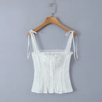 White Lace Trim Crop Top With Ribbon Bow Collar
