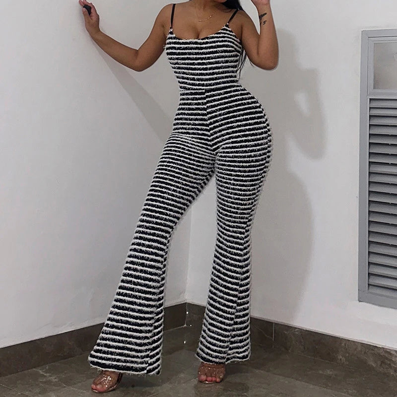 Backless Striped Jumpsuit With High Waist Flare Legs