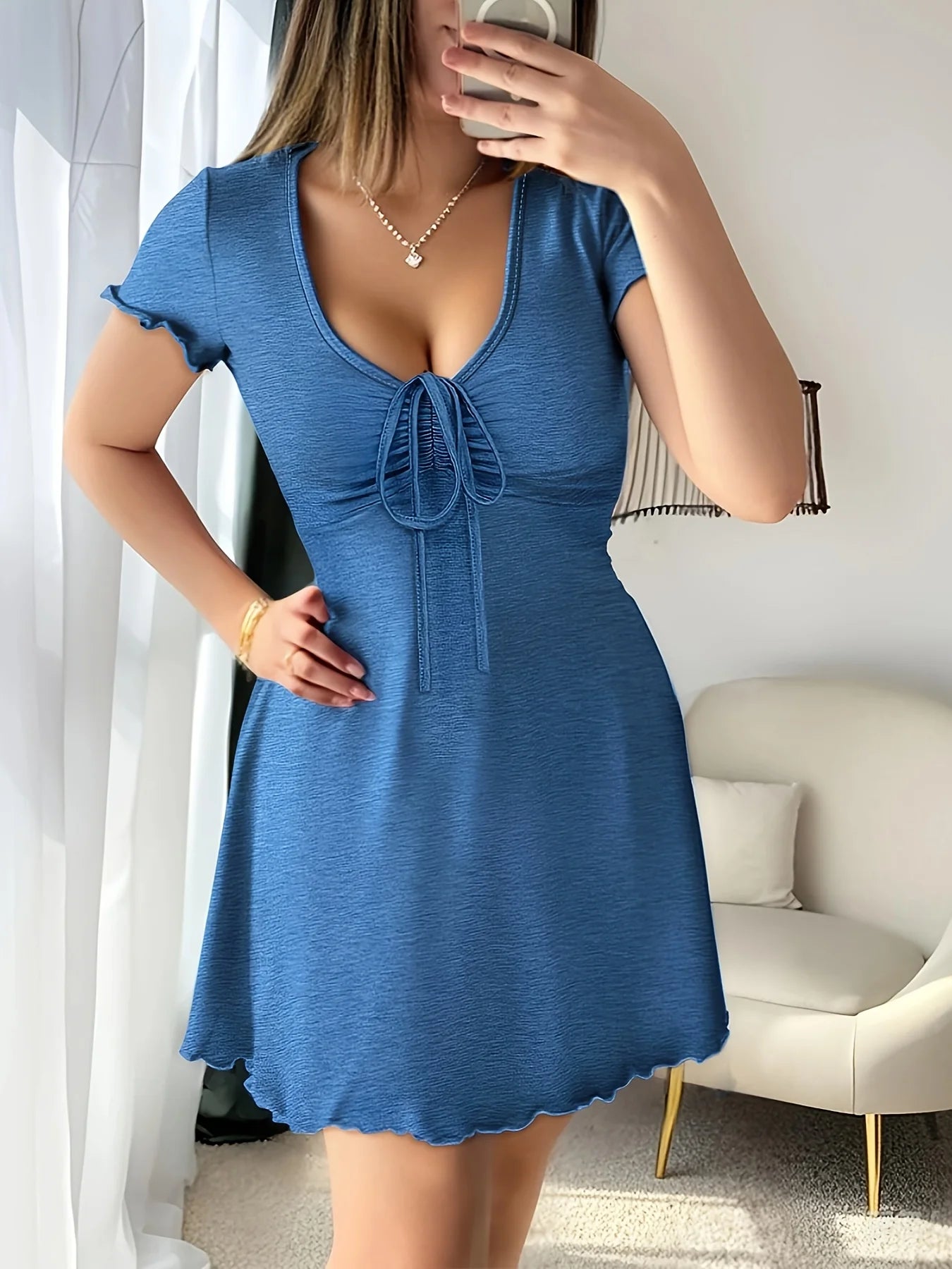 Chic Drawstring Knit Dress With Lace Up