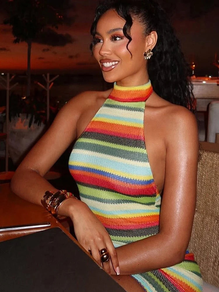 Stripe Patchwork Bodycon Mini Dress Halter Backless Off Shoulder