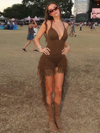 Boho Halter Playsuit With Tiered Ruffles And Tassels And V Neck Backless Romper
