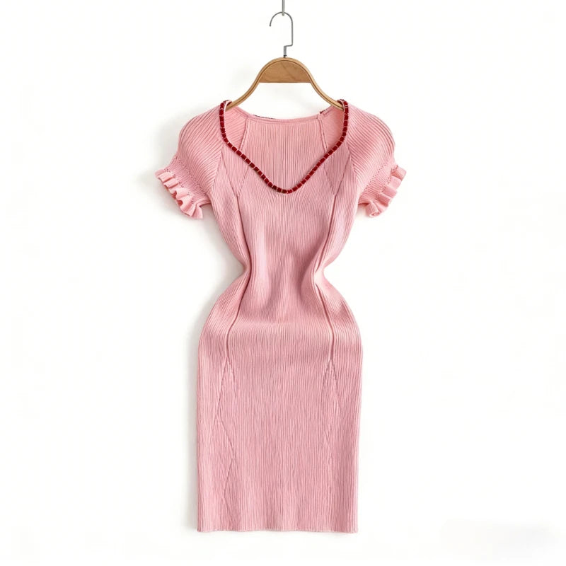 Ribbed Knit Sundress With Ruffle Trim V Neck Chic Glam Glow