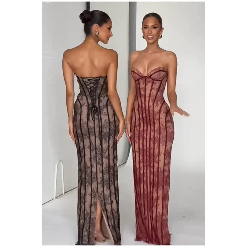 Elegant Backless Strapless Tulle Maxi Dress With Patchwork Print Off Shoulder Evening Gown