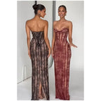 Elegant Backless Strapless Tulle Maxi Dress With Patchwork Print Off Shoulder Evening Gown