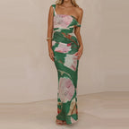 Elegant Floral Mesh Maxi Dress Sleeveless With Slash Collar