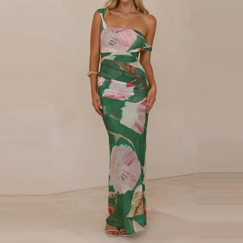 Elegant Floral Mesh Maxi Dress Sleeveless With Slash Collar