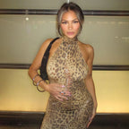Leopard Print Turtleneck Sleeveless Backless Maxi Dress With Cutout Slit