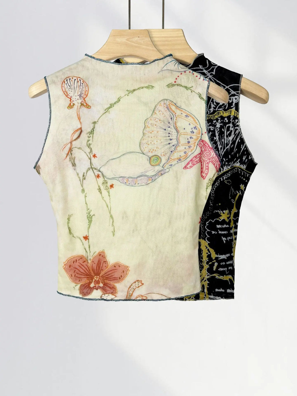 Chic Double Layer Mesh Tee With Elegant Print And High Collar Short Sleeve Women Net Shirt
