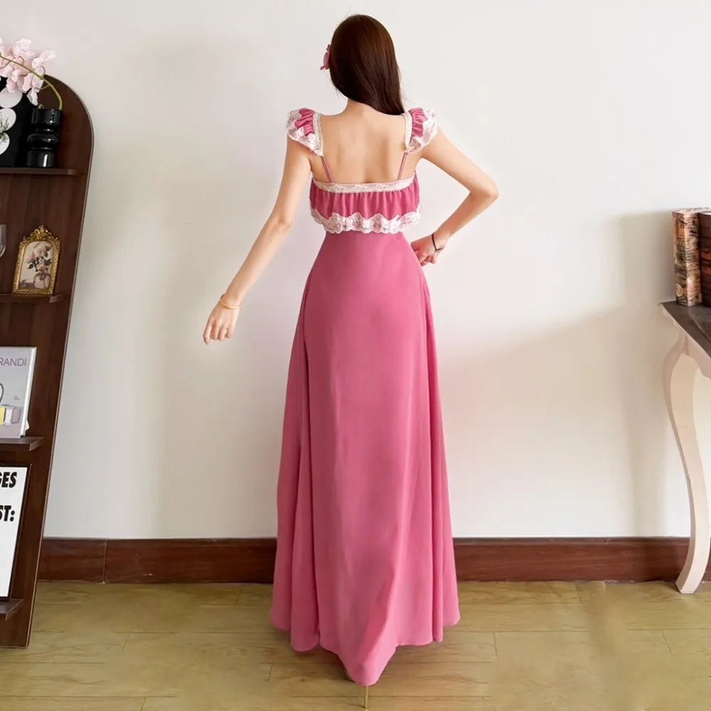 Sweet Style Patchwork Lace Dress With Square Collar Backless Sleeveless Bodycon