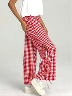 Plaid Wide Leg Pants With Side Tie Hollow Out Detail Loose Fit Trousers