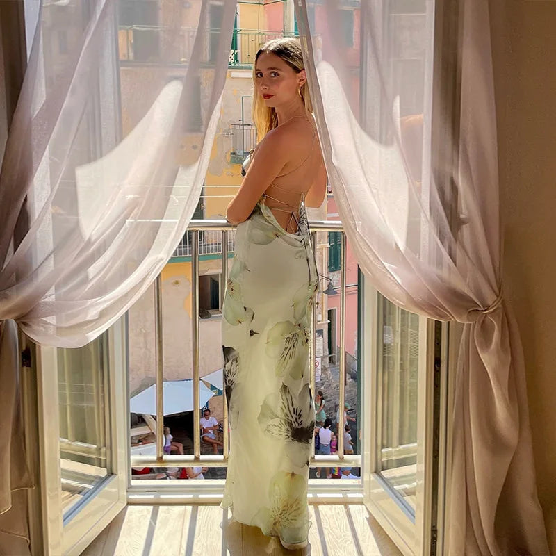 Apricot Backless Bandage Maxi Dress With Spaghetti Straps