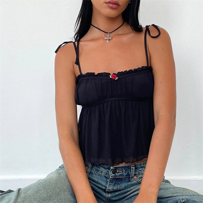 Floral Bow Detail Spaghetti Strap Cami Sleeveless Top