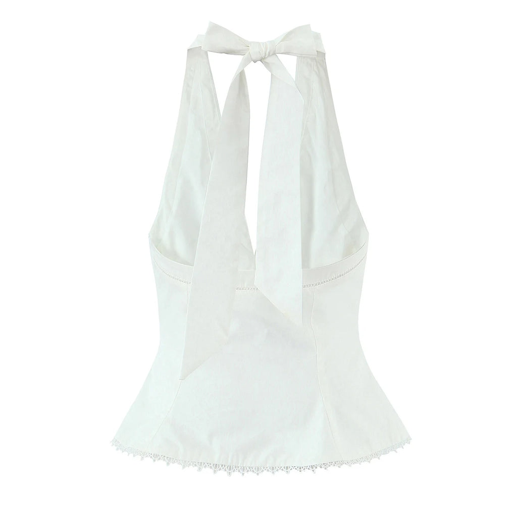 Sexy White Bow Halter V neck Open Buttons Slim Tank Top Women Spliced Ruffles Lace Hem Sleeveless Backless