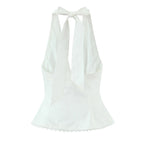 Sexy White Bow Halter V neck Open Buttons Slim Tank Top Women Spliced Ruffles Lace Hem Sleeveless Backless