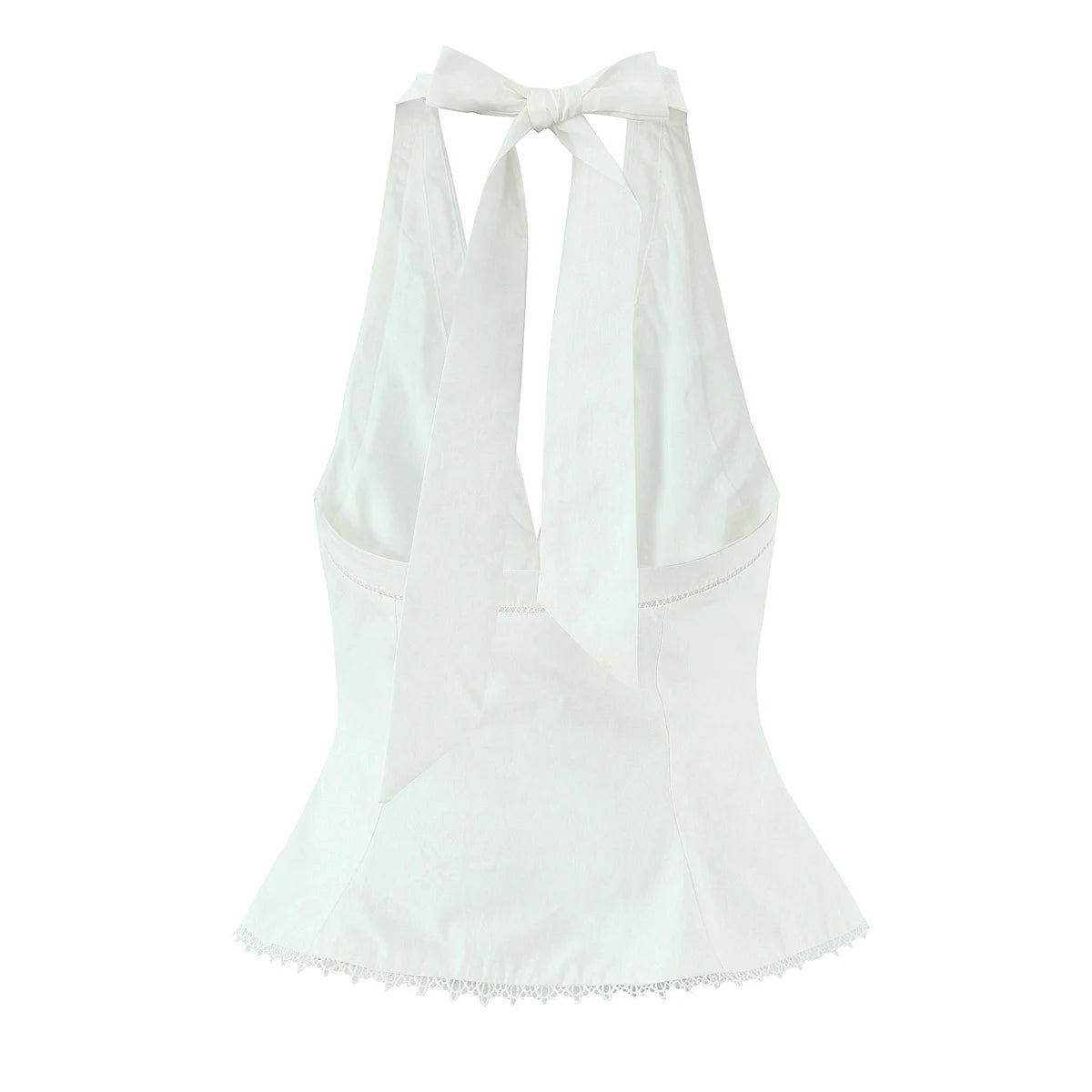 Sexy White Bow Halter V neck Open Buttons Slim Tank Top Women Spliced Ruffles Lace Hem Sleeveless Backless
