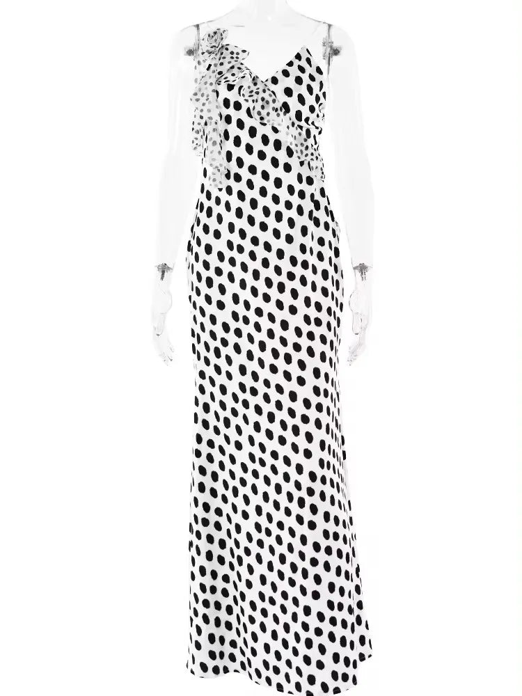 Backless Dot Print Floral Maxi With Spaghetti Straps