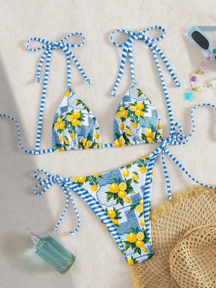 Sexy Fruits Pprint Striped Bikinis Set Two-pieces Back Tie Thong
