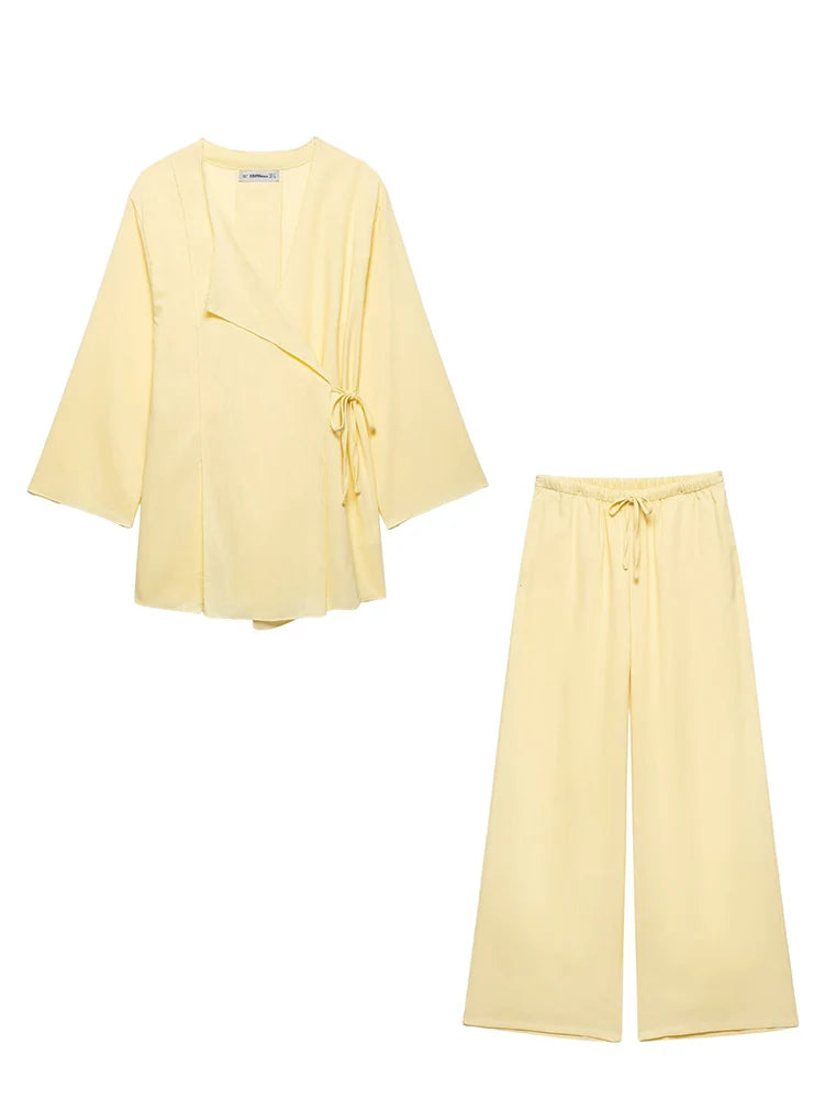 Breezy Linen Kimono Two-piece Set With Lace Up Top And Wide Leg Pants