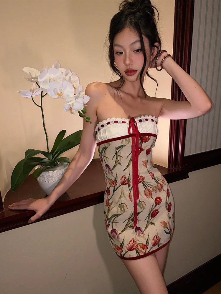 Ribbon Bow Women Lace Patchwork Art Print Folds Mini Body-con Dress