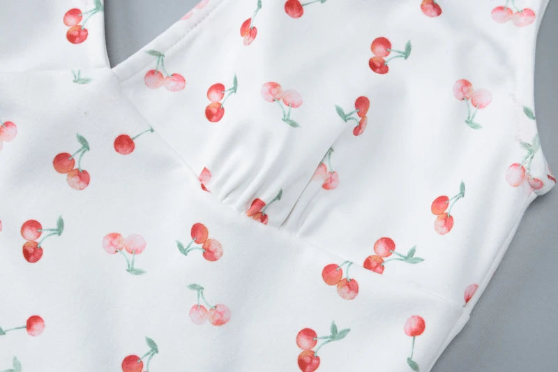 Cherry Print Straps Backless Draped Mini Dress
