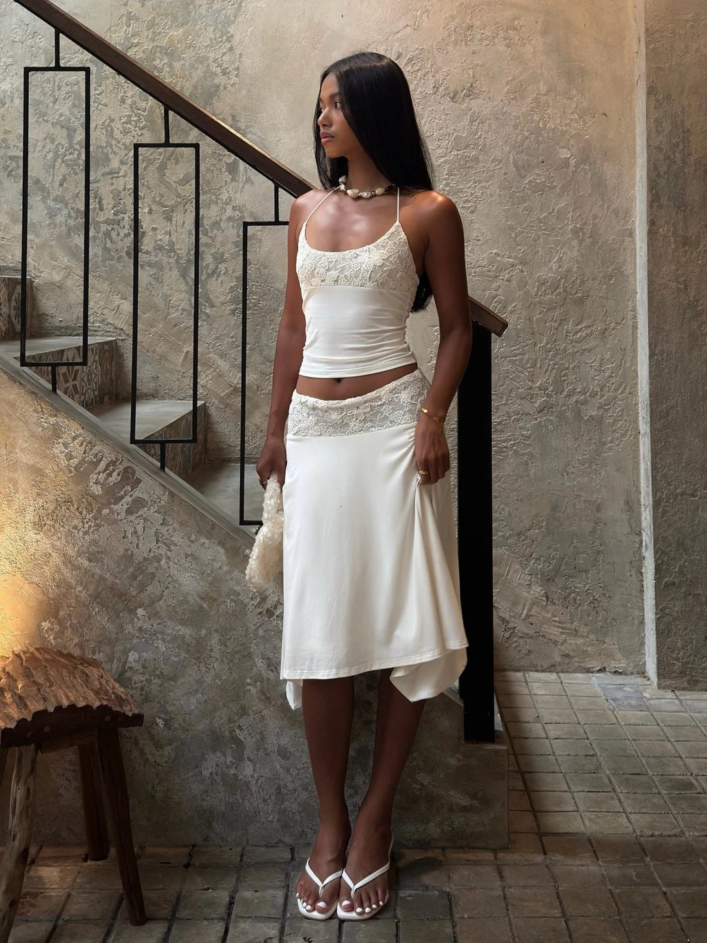 White Lace Patchwork Halter Set With Tank Top And A Line Skirt