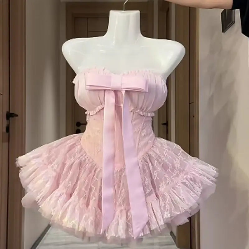 Pastel Pink Bow Mini Tube Top Dress Fairy Princess Aesthetic