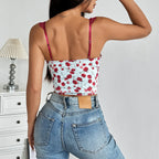 Floral Cami Top With Lace Trim Underwire Bandage Fishbone Backless Corset