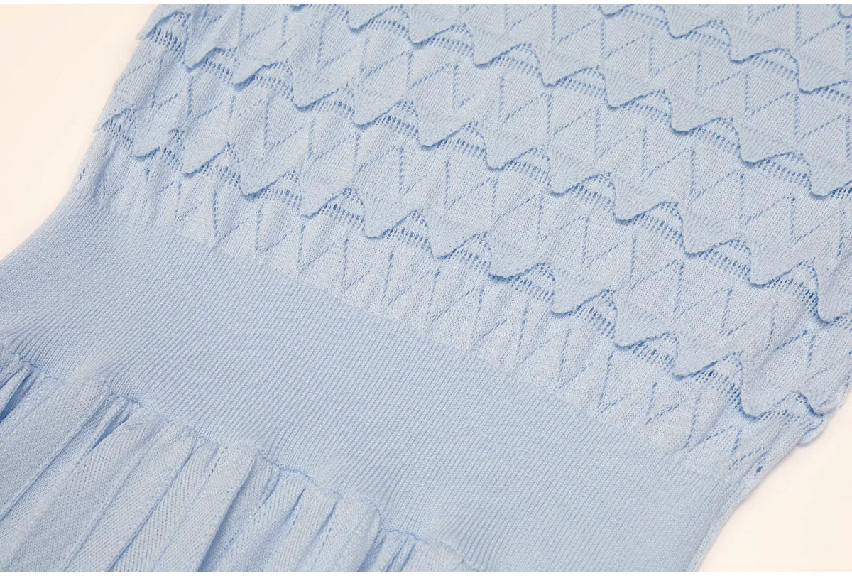 Knit Maxi Dress With Short Sleeve Hollow Detailing And Pleated Skirt