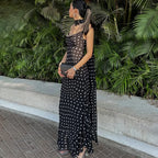 Elegant Polka Dot Halter Sleeveless Maxi Dress With Pleated Skirt And Ribbon Scarf
