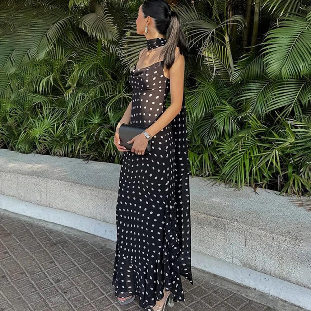 Elegant Polka Dot Halter Sleeveless Maxi Dress With Pleated Skirt And Ribbon Scarf