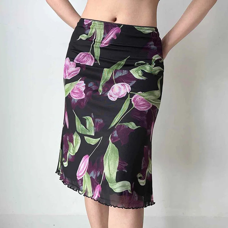 Vintage Floral Mesh High Waist Midi Mermaid Skirt