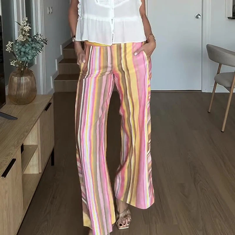 Vivid Multicolor Stripe Wide Leg Jeans With Pockets Low Waist Denim Trousers