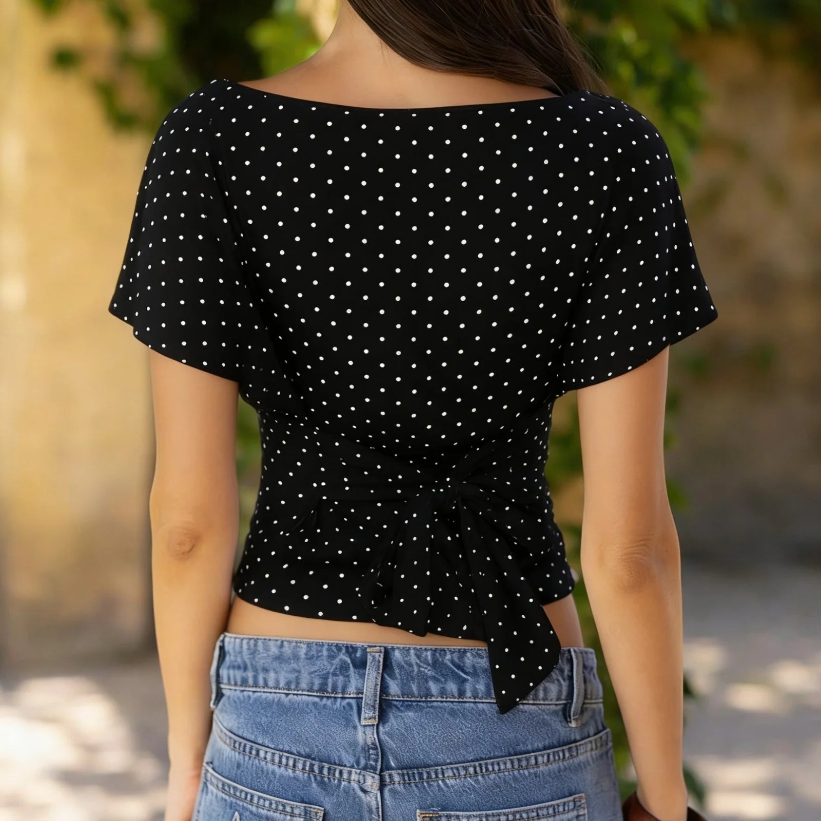 Boat Neck Polka Dot Crop Top With Flutter Sleeves In Loose Fit