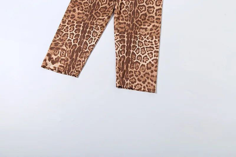 Leopard Print Mock Neck Tracksuit With Slim Capri Pants
