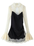 Lace Patchwork Mini Dress With Vintage Contrast Slim Long Sleeves