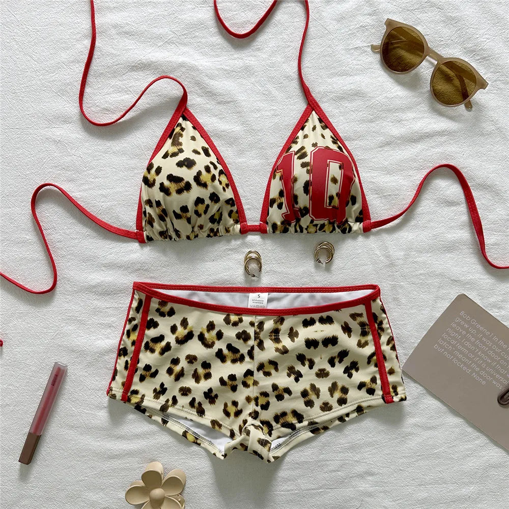 Leopard Print Halter Bikini Set With Triangle Top And Low Rise Bottoms For Women Flirty Sunlit Vacations