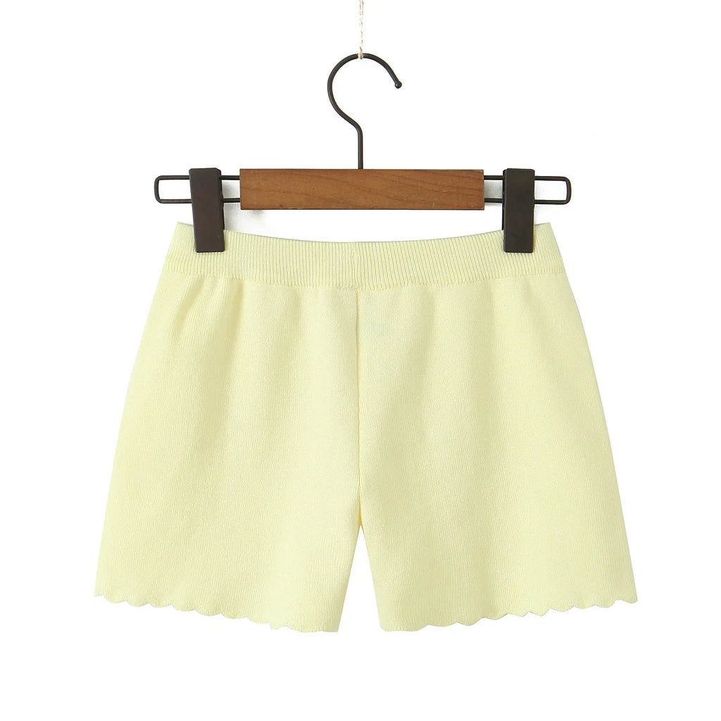 Vintage Two-piece Knit Cardigan And Elastic Waist Shorts Set