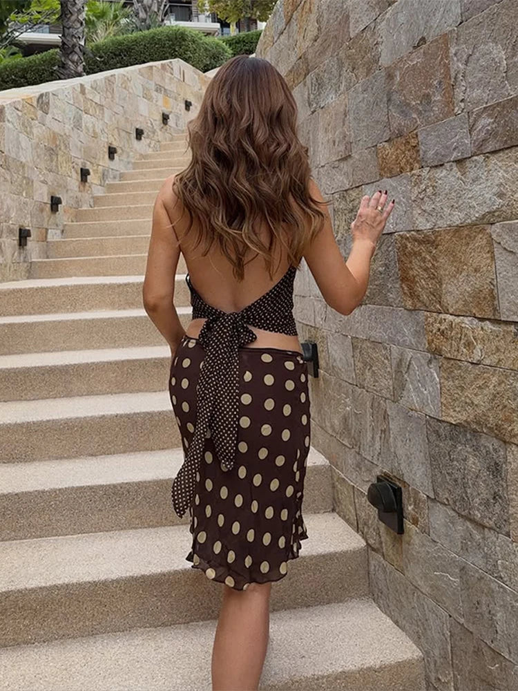Polka Dot Satin Mesh Midi Skirt With High Waist A Line