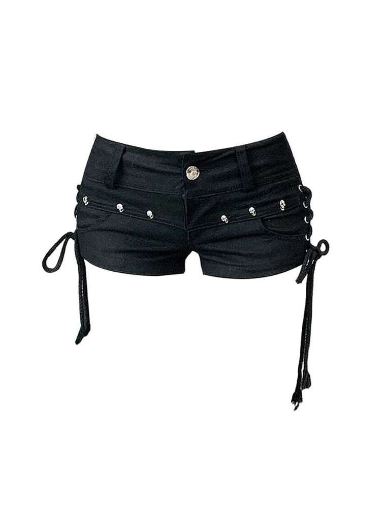 Black Gothic Denim Shorts With Vintage Aesthetic Low Waist