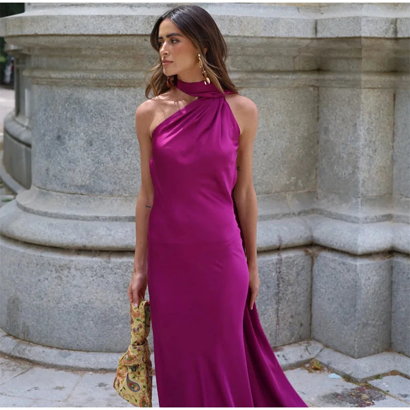 Sexy Satin Ribbon Backless Halter Dress For Elegant Evening Gown