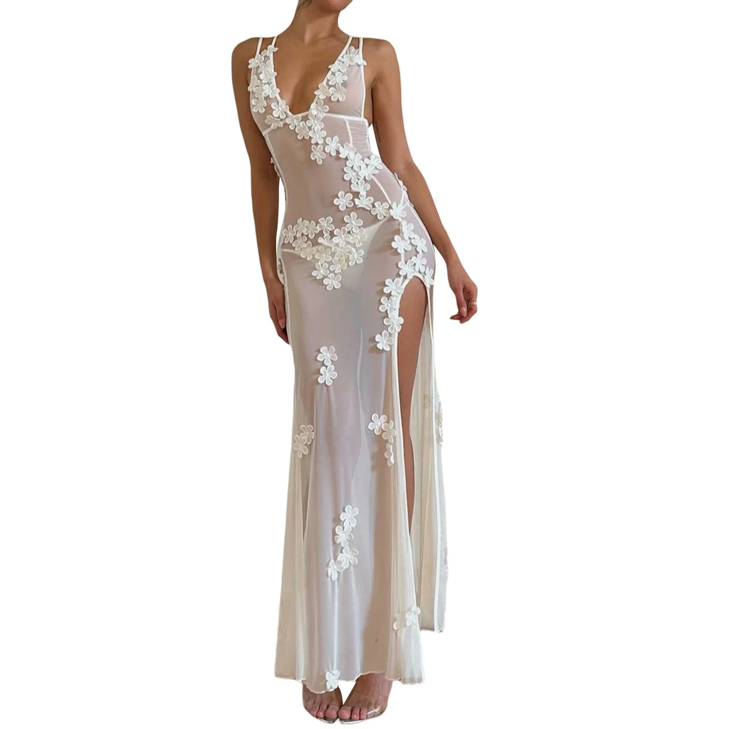 Sexy Sheer Mesh Sleeveless Dress With V Neck Floral Slit