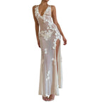 Sexy Sheer Mesh Sleeveless Dress With V Neck Floral Slit