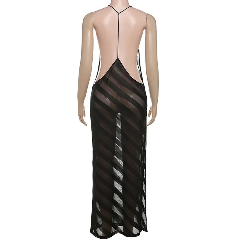 Mesh Halter Maxi Dress With See Through Bodice Sleeveless Backless