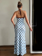 Blue Polka Dot Halter Maxi Dress For Women Color Block Backless Lace Up