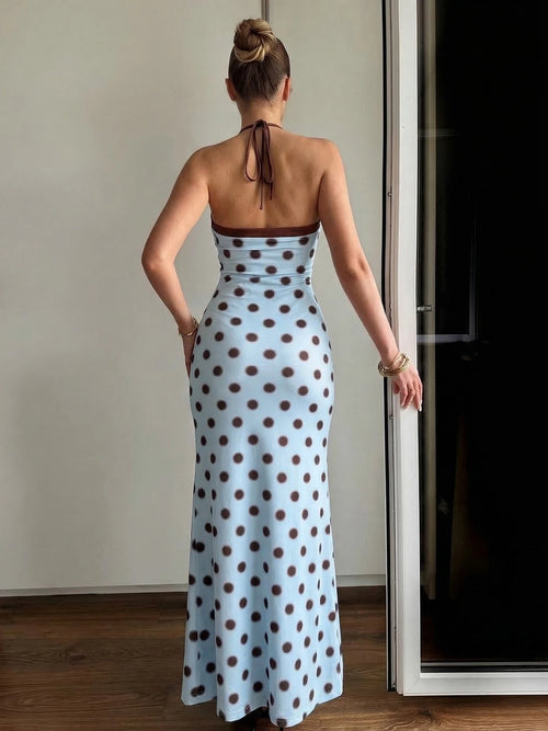 Blue Polka Dot Halter Maxi Dress For Women Color Block Backless Lace Up