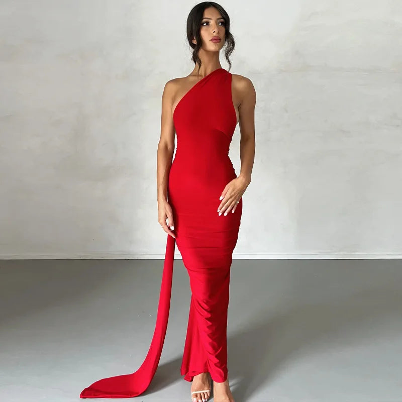 One Shoulder Backless Ruched Dress
